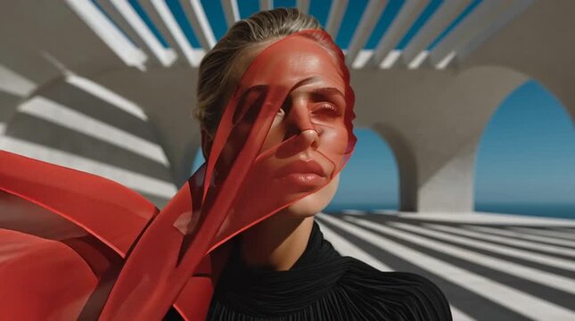 Elegant woman with eyes closed as a flowing red fabric wraps her face, casting dramatic shadows in a modern architectural space. Fashion portrait blending movement, light, emotion, contemporary art.