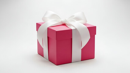 Obraz premium Pink Gift Box with White Ribbon and Fluffy Bow – Square Present on White Surface