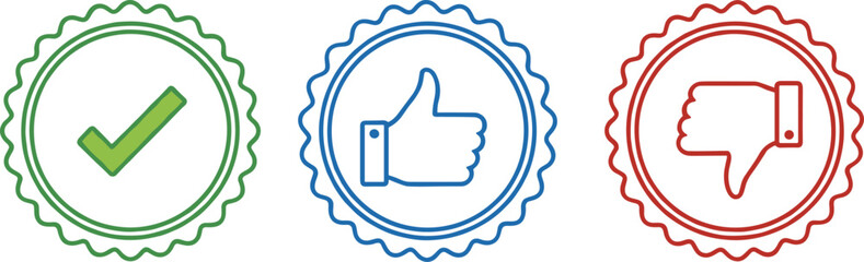 Fototapeta premium Approval feedback badge icon set with check mark thumbs up and thumbs down for rating systems