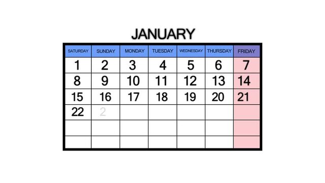 The calendar of january month 22th day is red circled, looped animation. A very important date in the calendar. Signing a day on a calendar. white background