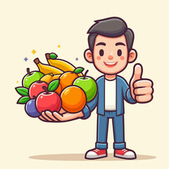 Cartoon vector illustration of a person carrying various fruits with his thumbs up