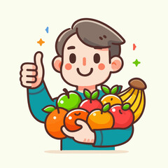 Cartoon vector illustration of a person carrying various fruits with his thumbs up