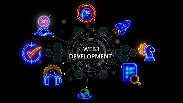 An animated Web3 icon connected to a futuristic website development graphic ,cube glow with and holographic futuristic technology matrix global security with digital spot light and stretch