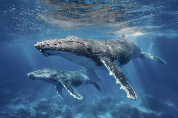 Fototapeta premium Humpback whale mother and calf swimming underwater in clear blue ocean with sunlight rays creating peaceful and majestic marine wildlife scene