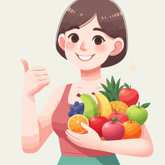 Cartoon vector illustration of a person carrying various fruits with his thumbs up
