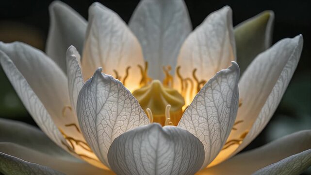 Close Up of White Nymphaea Lotus with Yellow Stamens and Delicate Veined Petals in Natural Light