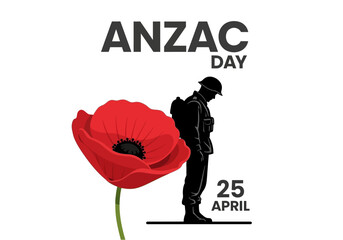 Naklejka premium Anzac Day soldier silhouette with poppy and date.