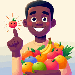 Cartoon vector illustration of a person carrying various fruits with his thumbs up