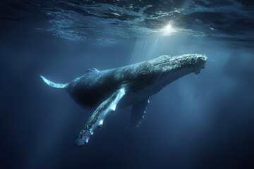 Fototapeta premium Underwater whale photographed from below with flippers reaching out in deep blue ocean illuminated by sunlight creating peaceful and majestic scene