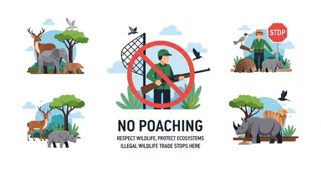 No poaching wildlife conservation concept with animals and hunter