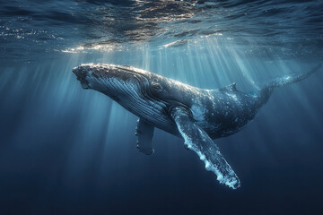 Fototapeta premium Underwater whale swimming near surface with sunbeam light reflecting through deep blue ocean water creating serene and majestic marine scene