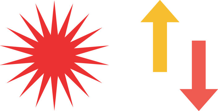 Red starburst explosion with up and down arrow icons, abstract direction and attention vector symbol set
