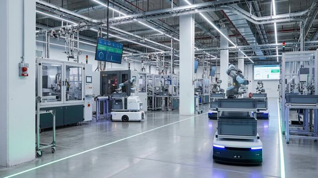 Autonomous mobile robot fleet smart industrial factory transporting material with robotic arms and autonomous vehicle systems for efficient production