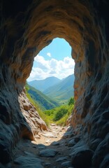 View from cave mouth onto green valley mountains. Stone path leads to bright landscape under blue sky with clouds. Nature scene looks peaceful and inviting for outdoor adventure.