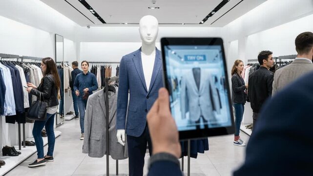 Augmented reality tablet modern retail clothing store enables virtual fitting and technology for shoppers to try suit jackets and explore efficient