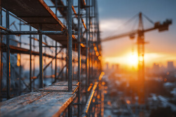 Construction scaffolding close up with sunset and crane in background, urban building site with warm light creating dramatic and inspiring atmosphere