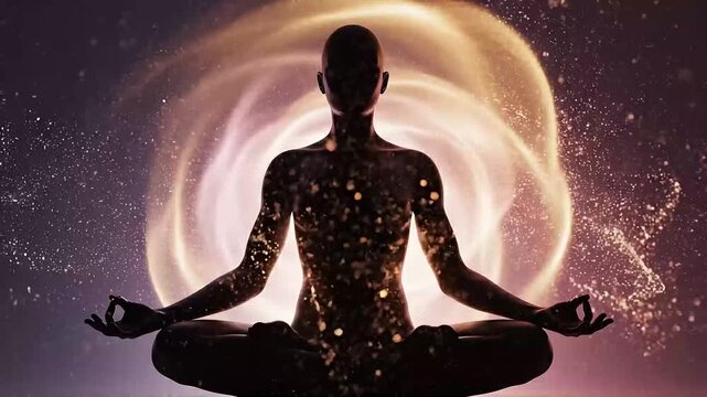 Zen Meditation Silhouette with Swirling Cosmic Energy and Glowing Particles Representing Inner Peace and Spiritual Awakening