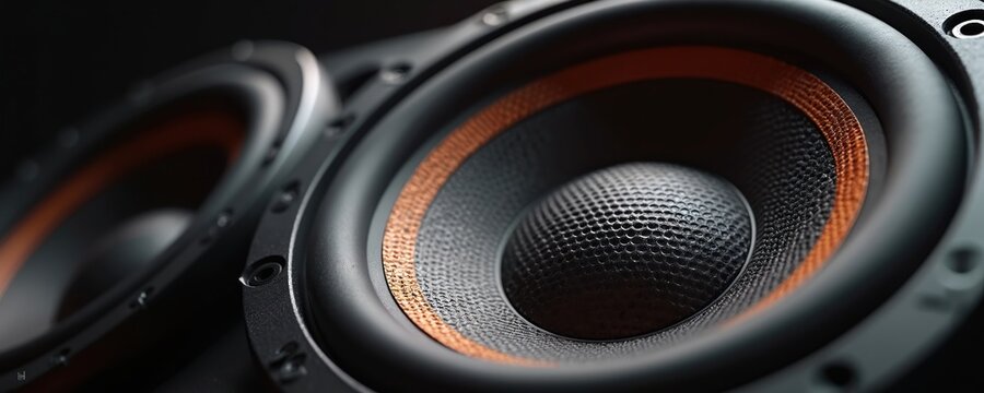 Close up of car audio speakers with orange trim. Two subwoofers shown in detail, focusing on modern tech and sound quality for automotive systems and home entertainment setups.