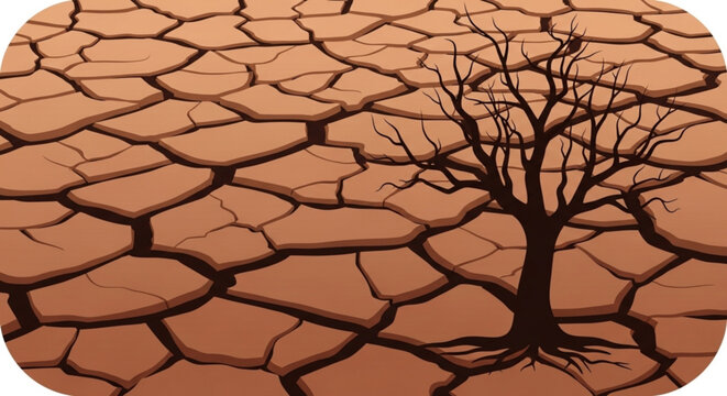 Bare tree on cracked dry earth landscape with drought effects and arid climate conditions