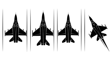 Fototapeta premium Military fighter jets silhouettes in various angles and perspectives on white background