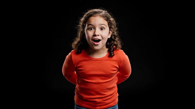 Excited young girl with wide eyes and open mouth expressing surprise and wonder on a black background
