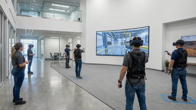 Immersive virtual reality training technology for industrial safety simulation modern training space with trainees wearing headsets and vests