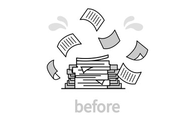 紙書類が山積みになり業務が混乱している状態を表したイラスト