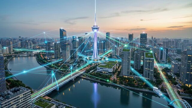 Smart city skyline technology network connecting buildings towers bridge river with drones sunset showing futuristic urban connectivity and modern