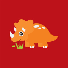 Cute cartoon orange triceratops dinosaur happily eating green grass on a vibrant red background. © Trisnaka