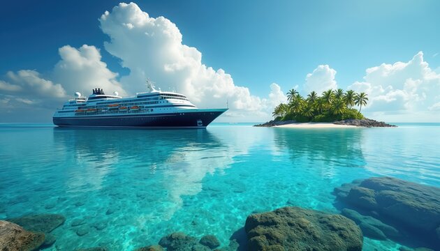 Large cruise ship sails calm turquoise sea towards tropical island with palm trees. Blue sky, white clouds, clear water, rocky shore. Luxury ocean liner journey, summer holiday voyage.