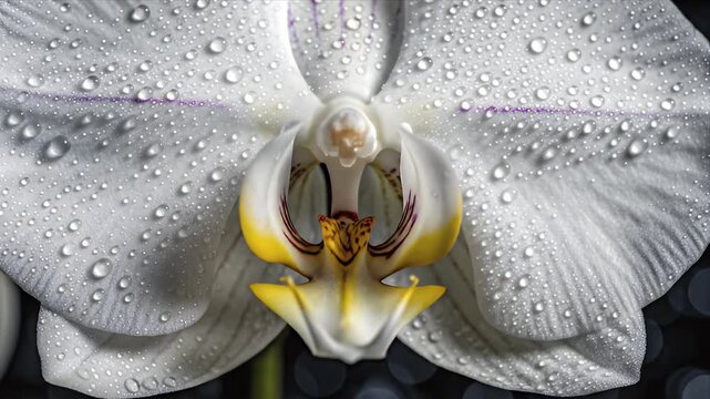 Macro Shot of White Orchid Flower with Water Droplets on Petals with Dark Background for Backgrounds and Visuals about