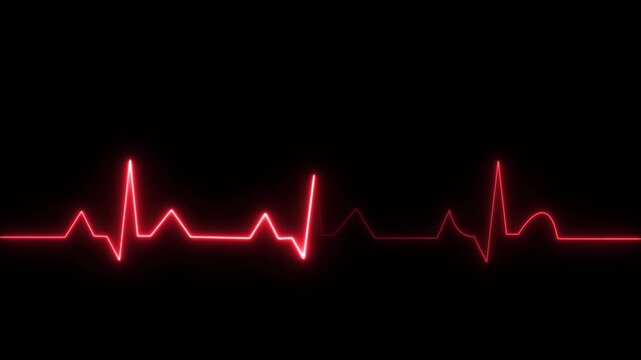 Vibrant red EKG heartbeat line pulsating on a dark black background, representing life, health, and medical science.