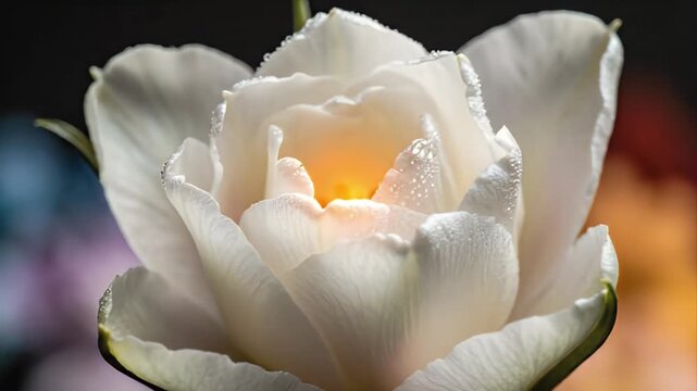 Macro Shot of White Rose Bud with Dewdrops on Petals Unveiling Center Against Rainbow Gradient Background Rosa Alba