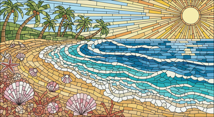 Tropical Beach Mosaic Art: Palm Trees, Ocean Waves, Sun, Seashells