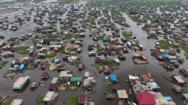 wide-angle drone shot capturing the sprawling stilt houses of Ganvie, Africa largest floating village, situated on the calm waters of Lake Nokoue