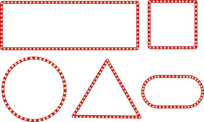Red Marquee Light Frames Set with Glowing Bulbs in Circle Square Triangle and Rectangle Shapes for Casino Signage, Theater Broadway Decor and Grand Opening Banners.