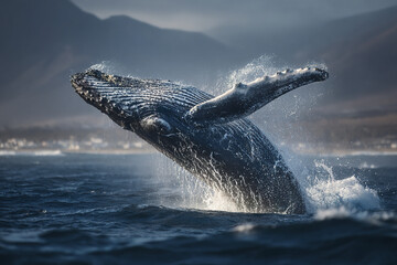 Naklejka premium Humpback whale breaching ocean surface with water splash and mountainous background in natural light, showing powerful marine mammal in dynamic motion and wild environment