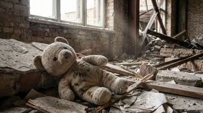 Abandoned Teddy Bear Amongst War Ruins