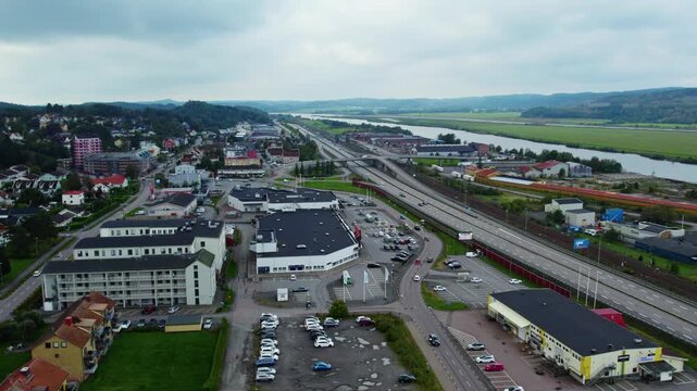 &Auml;lv&auml;ngen Townscape With European Route E45 North Of Gothenburg - Aerial Drone Shot