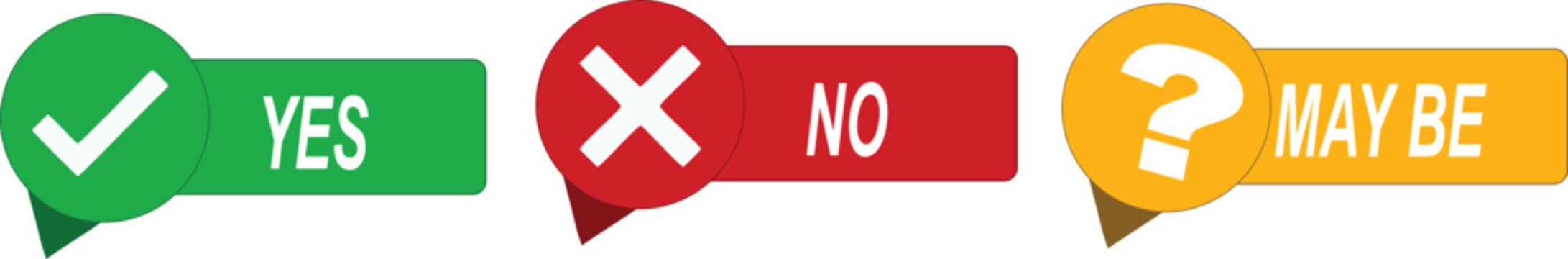 Colorful Decision Stickers with Yes No and Maybe Options, Green Checkmark Red Cross and Orange Question Mark Icons for Survey Feedback and Choice Representation.