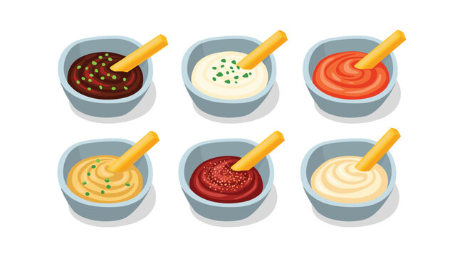 Six small dipping bowls containing various colorful sauces with a single golden french fry dipped in each bowl.