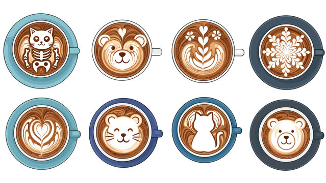 Creative latte art designs on coffee cups featuring a skeleton cat, panda, bear, and a sitting cat silhouette.