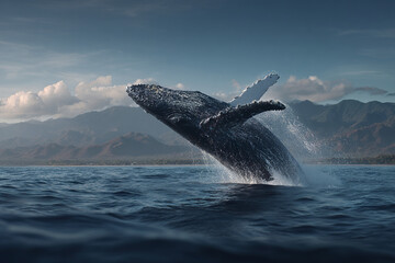 Naklejka premium Humpback whale breaching in calm ocean water with mountain range and cloudy sky in background, creating dynamic and powerful natural scene
