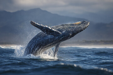 Obraz premium Humpback whale breaching ocean water with mountain background and dramatic splash, showing powerful marine mammal in natural habitat with dynamic movement and energy