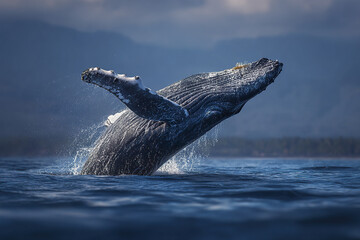 Naklejka premium Humpback whale breaching ocean water with dramatic splash and mountain background under cloudy sky in natural wildlife scene