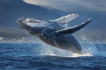 Obraz premium Humpback whale breaching with dramatic splash in open sea near coastline and mountains under cloudy sky, showing powerful marine life in natural ocean environment