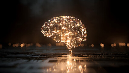 Glowing binary digits forming a giant brain-shaped structure in 3D digital environment