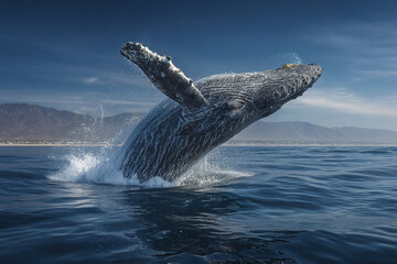 Fototapeta premium Humpback whale breaching ocean surface with water splash and mountain background under clear blue sky, showing marine wildlife in natural habitat with dynamic motion and energy