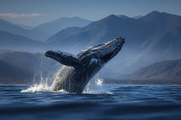 Obraz premium Humpback whale breaching with splash in ocean near mountain range under clear sky, showing dynamic movement and natural marine wildlife beauty in peaceful environment