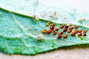 エキナセアの葉に産み付けられた卵から孵化して出てきたホオズキカメムシの幼虫